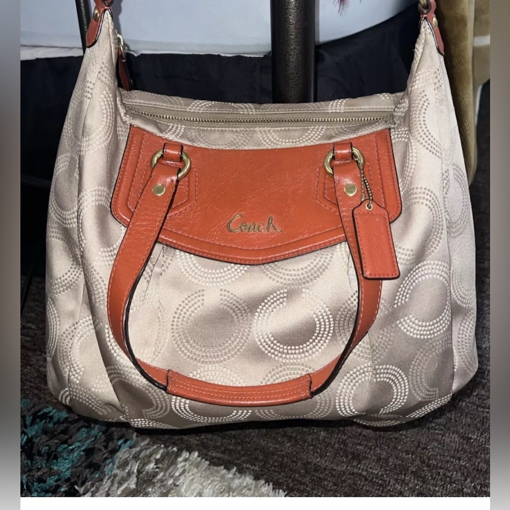 COACH Ashley Dotted Op Art F20088Red Beige Canvas Shoulder Satchel Bag
